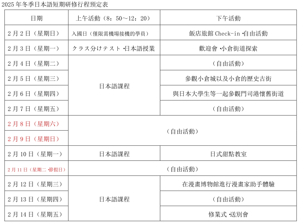 2025北九州YMCA寒假遊學日程表